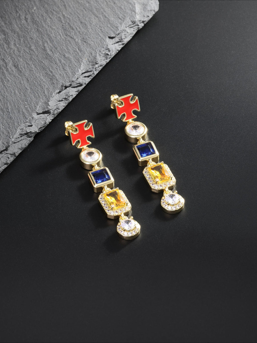 Multicolor Gemstone Cross Drop Earrings