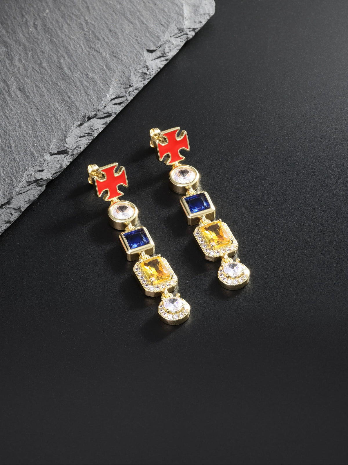 Multicolor Gemstone Cross Drop Earrings