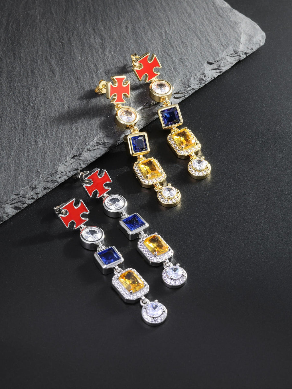 Multicolor Gemstone Cross Drop Earrings