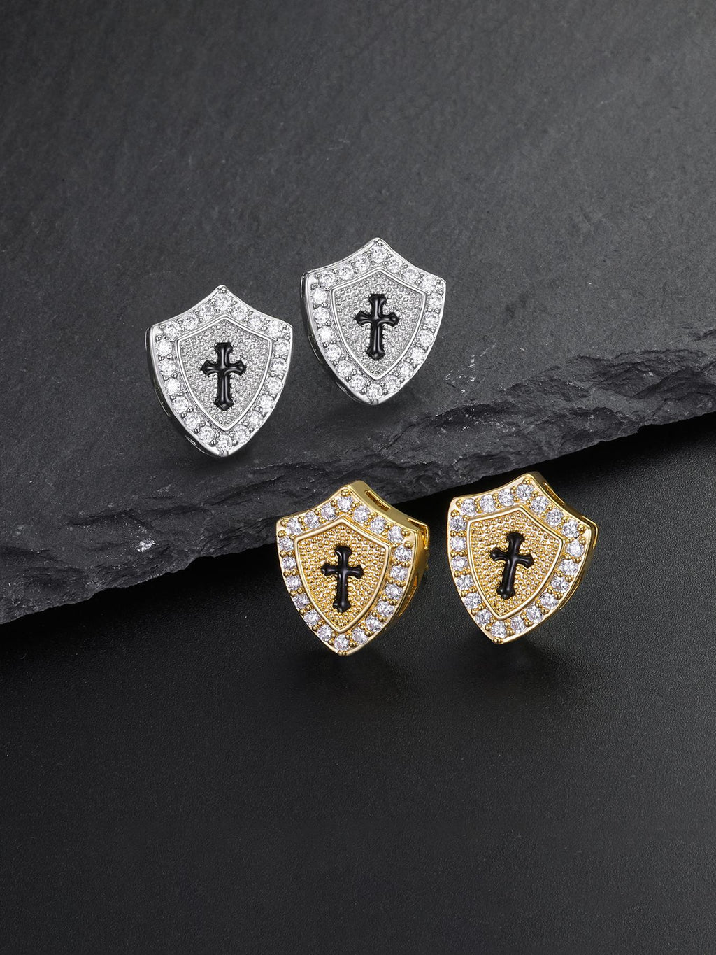Iced Cross Shield Stud Earrings