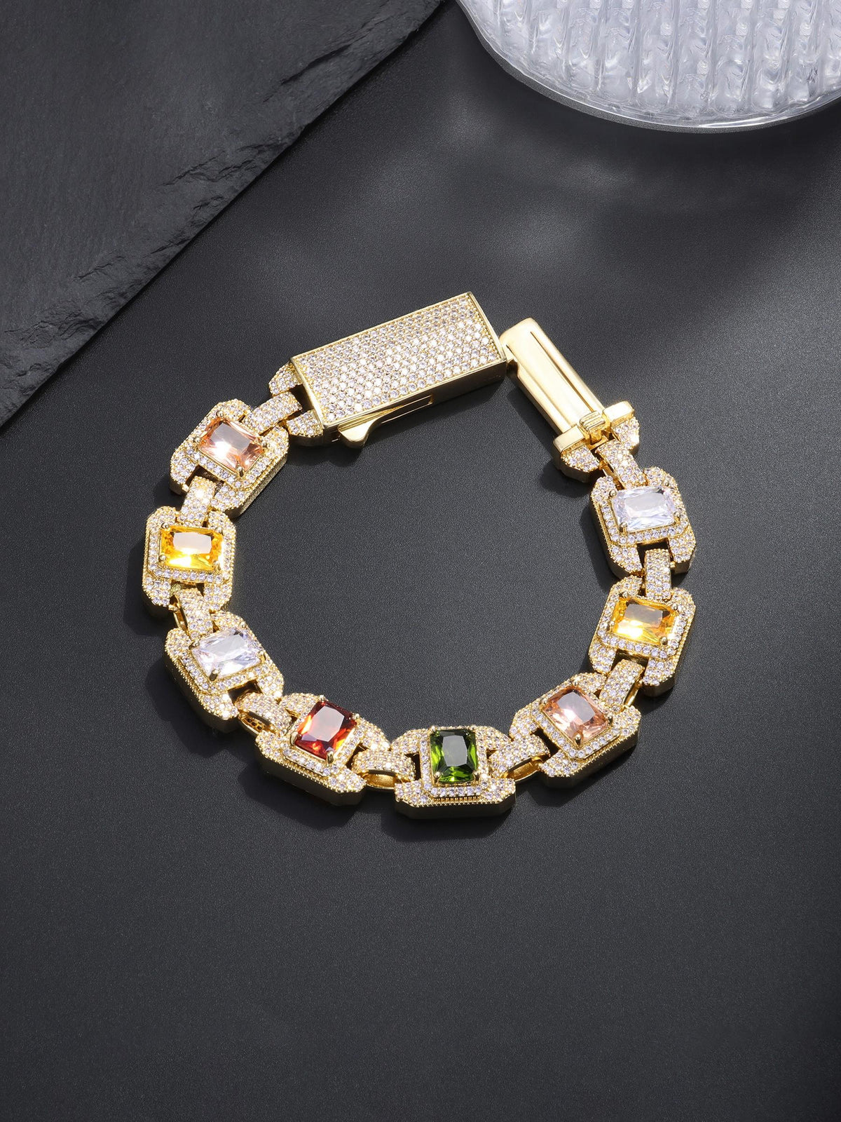 Iced Multicolor Square‑CZ Cuban Link Bracelet