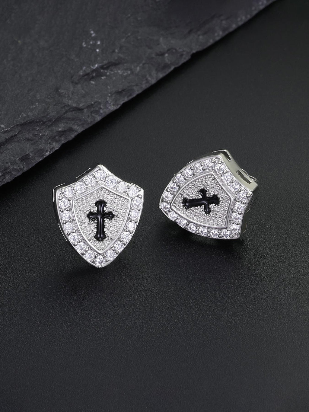 Iced Cross Shield Stud Earrings