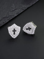 Iced Cross Shield Stud Earrings