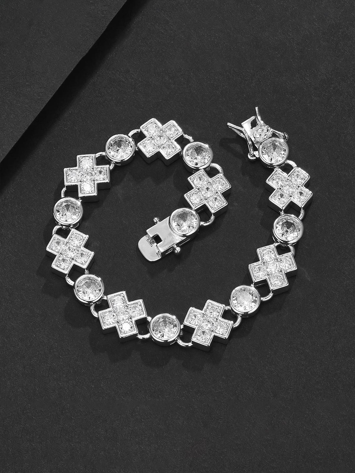 Large CZ Floral Cross Tennis Bracelet