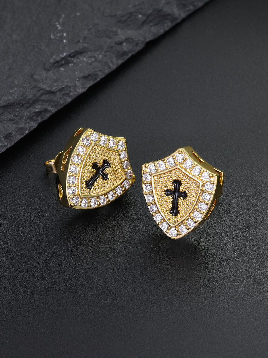 Iced Cross Shield Stud Earrings