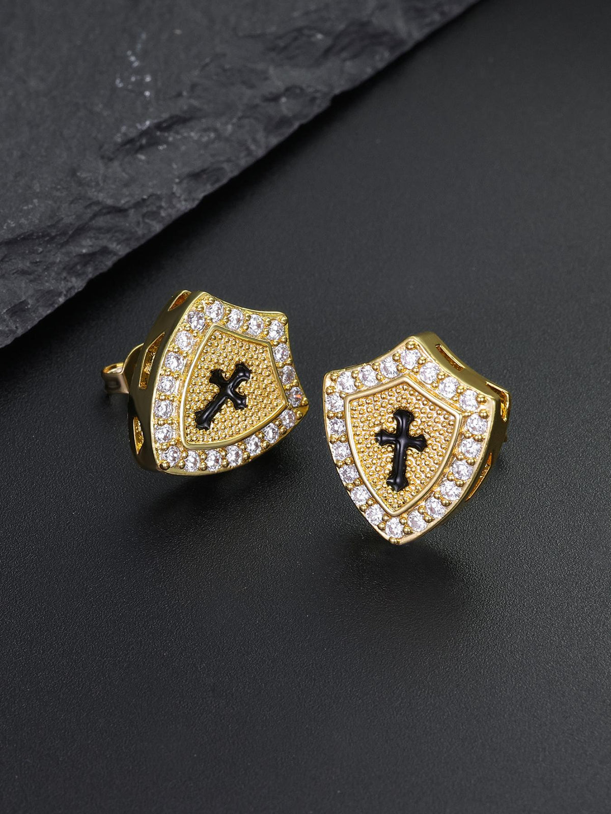 Iced Cross Shield Stud Earrings
