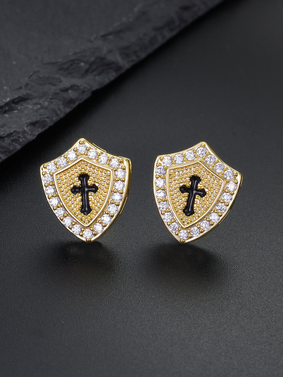 Iced Cross Shield Stud Earrings