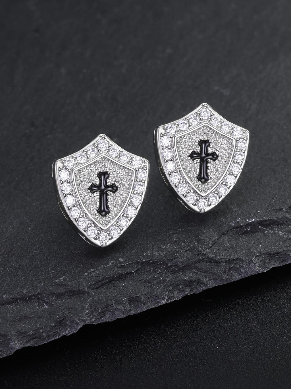Iced Cross Shield Stud Earrings