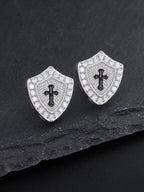 Iced Cross Shield Stud Earrings