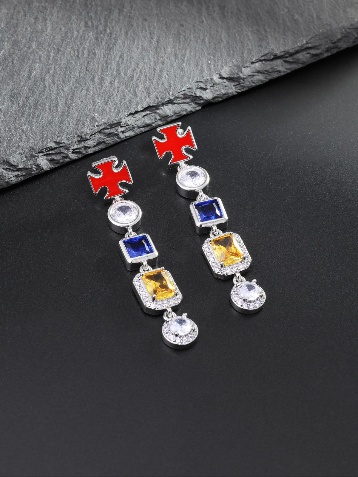 Multicolor Gemstone Cross Drop Earrings