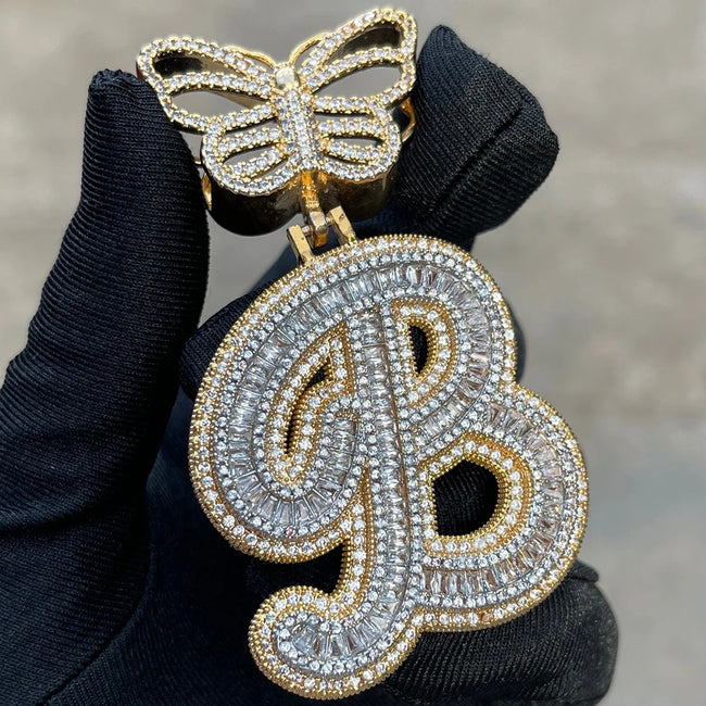 Custom Butterfly Baguette Script Initial Pendant Hover Image