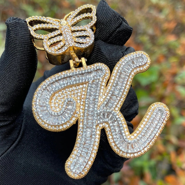 Custom Butterfly Baguette Script Initial Pendant Main Image
