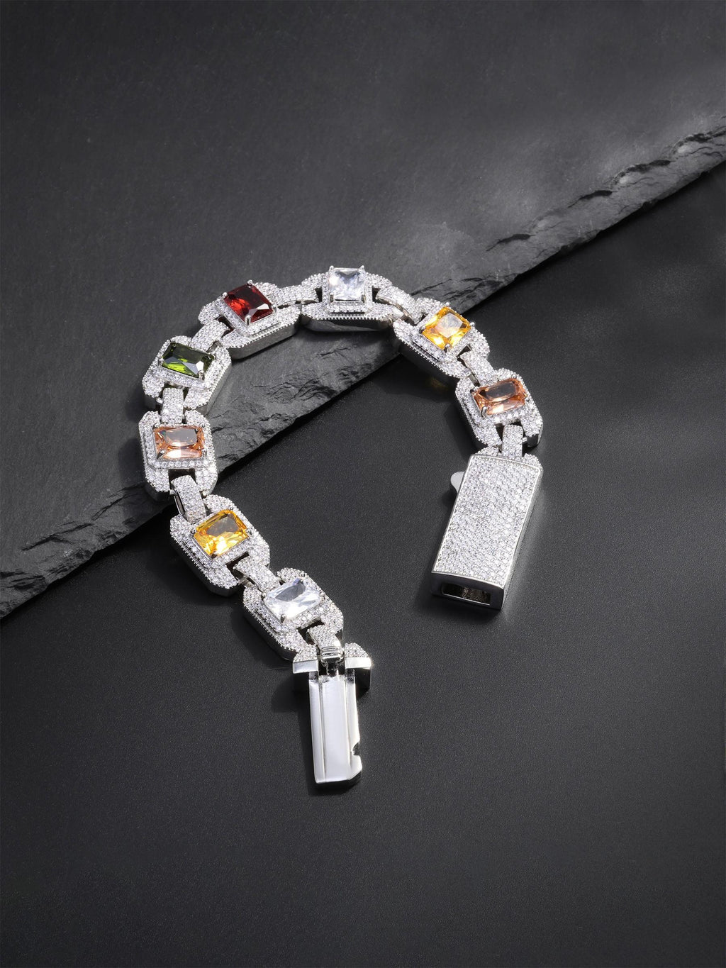 Iced Multicolor Square‑CZ Cuban Link Bracelet