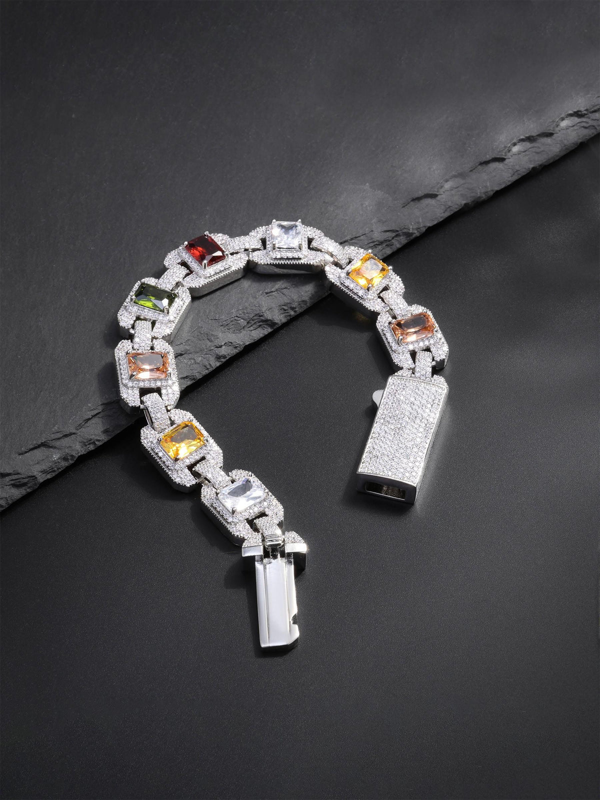Iced Multicolor Square‑CZ Cuban Link Bracelet