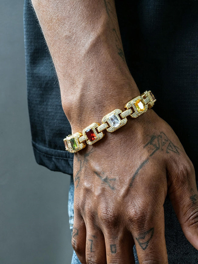 Iced Multicolor Square‑CZ Cuban Link Bracelet Hover Image