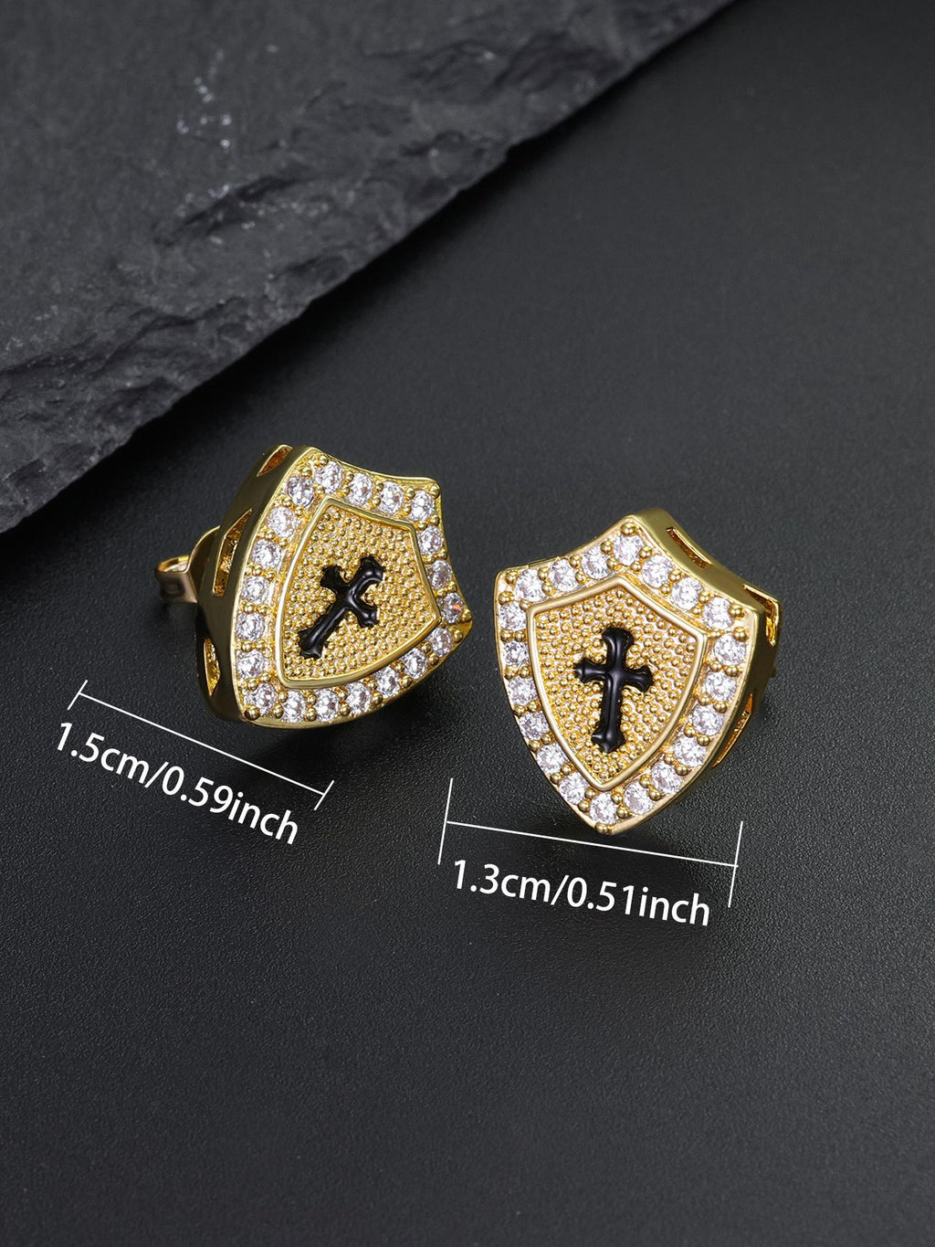Iced Cross Shield Stud Earrings