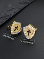 Iced Cross Shield Stud Earrings