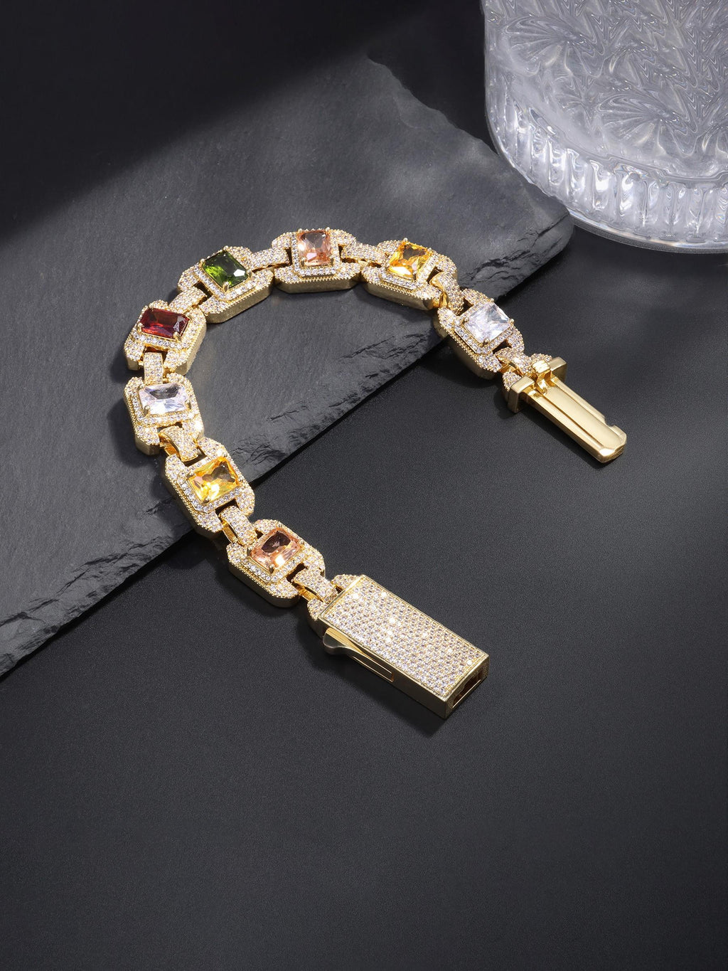 Iced Multicolor Square‑CZ Cuban Link Bracelet