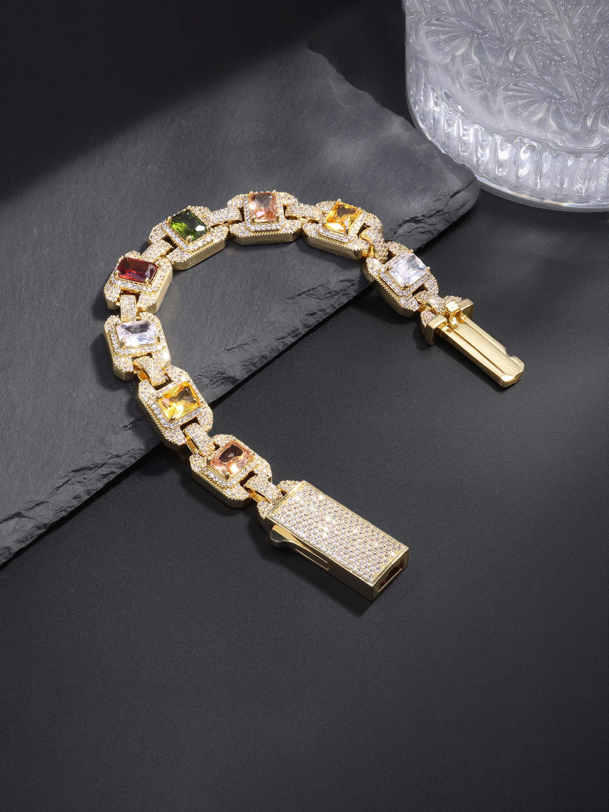 Iced Multicolor Square‑CZ Cuban Link Bracelet