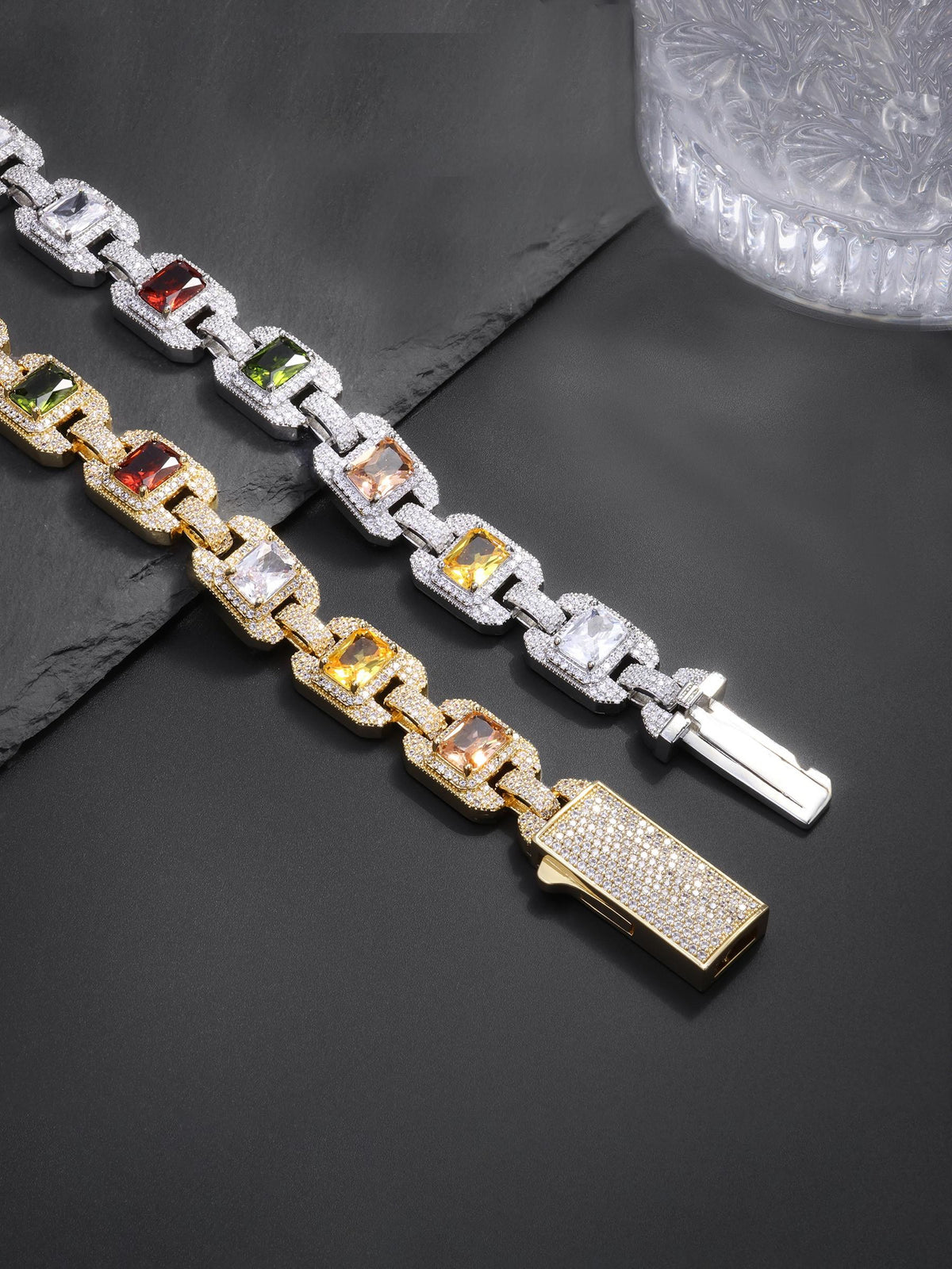Iced Multicolor Square‑CZ Cuban Link Bracelet