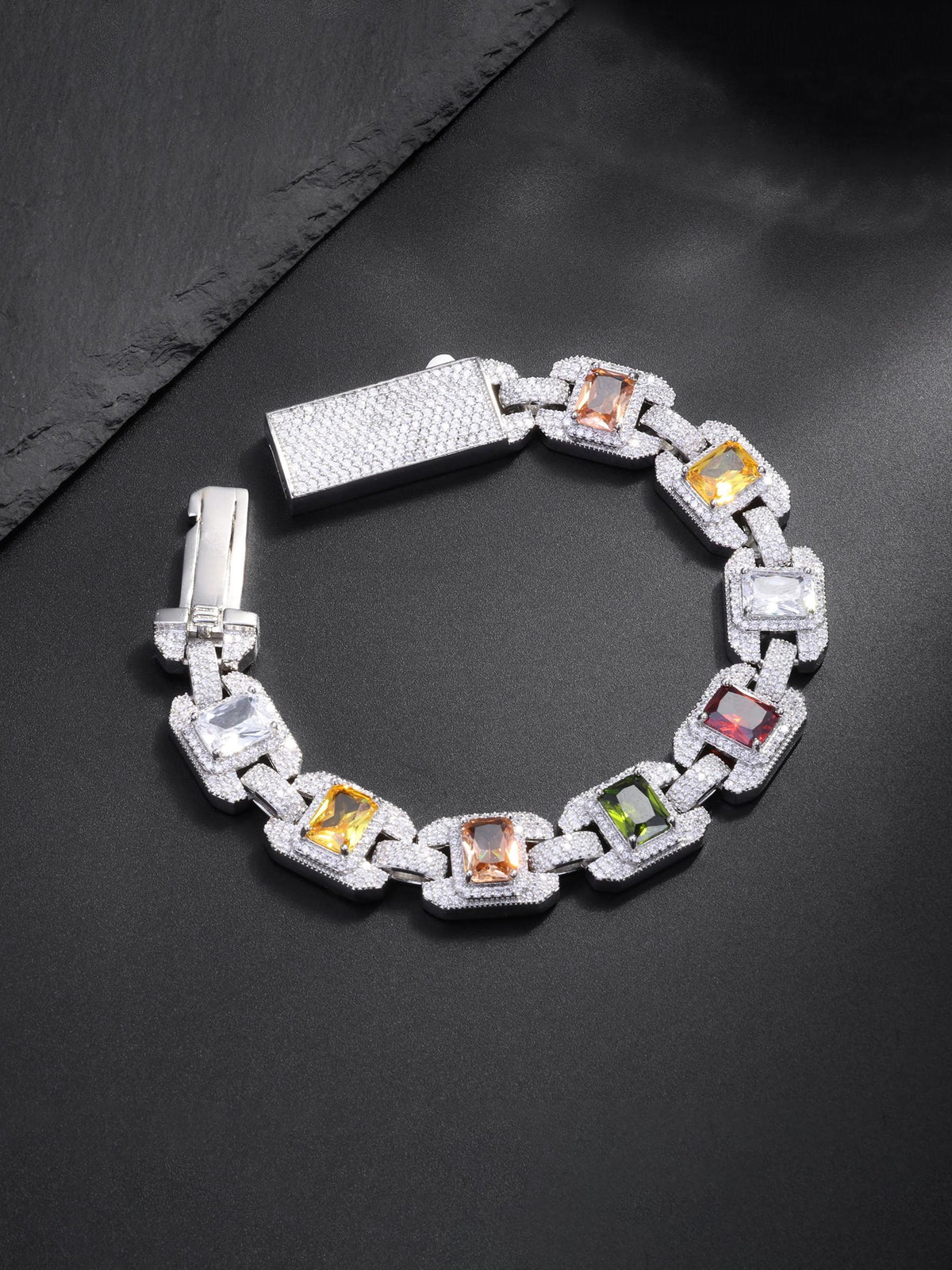 Iced Multicolor Square‑CZ Cuban Link Bracelet