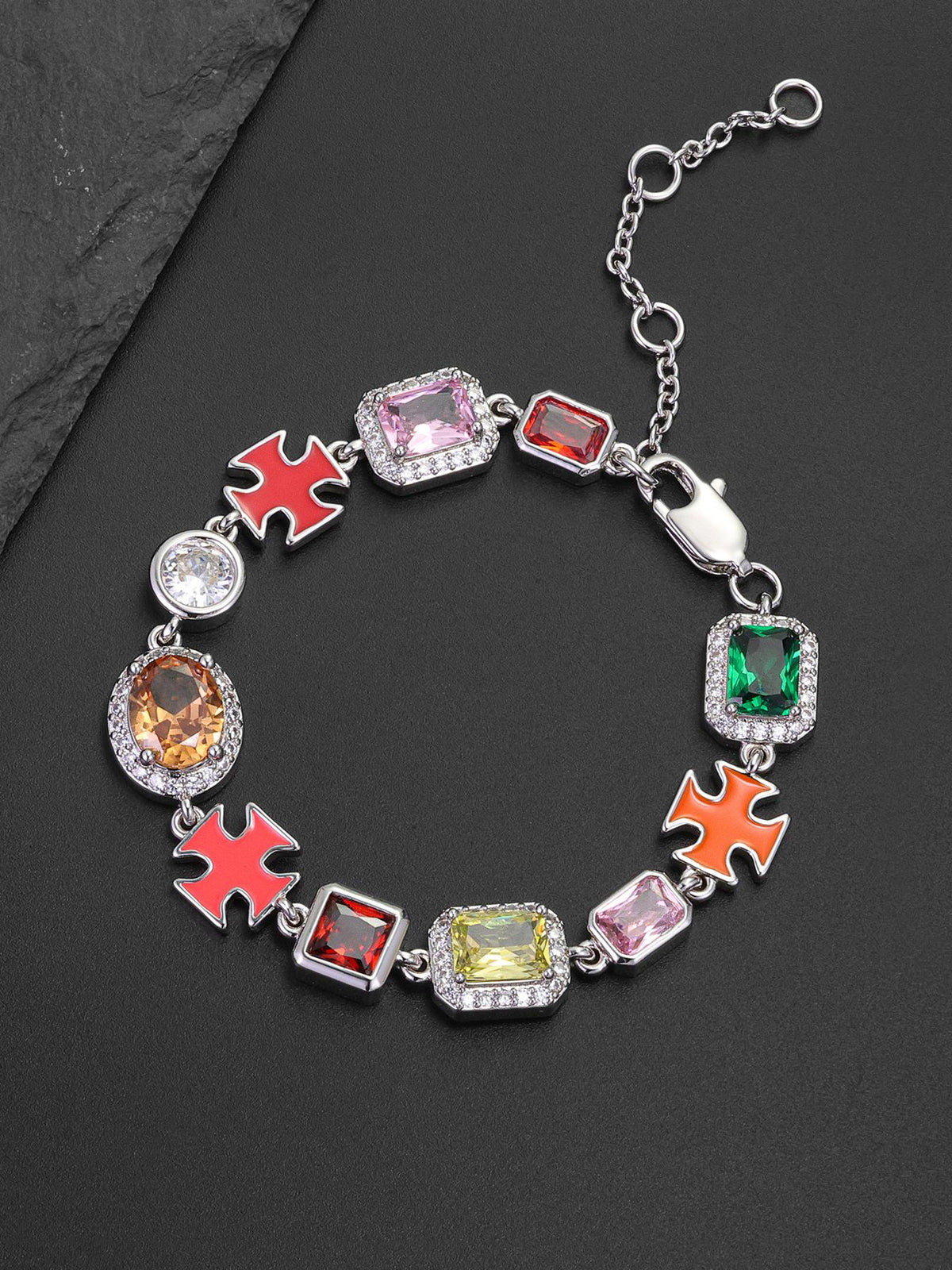 Enamel Cross Color CZ Statement Bracelet